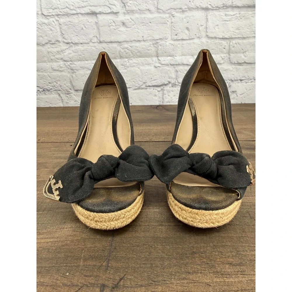 Tory Burch Black Canvas Bow Peep Toe Espadrille Wedge Sandals Womens 9.5